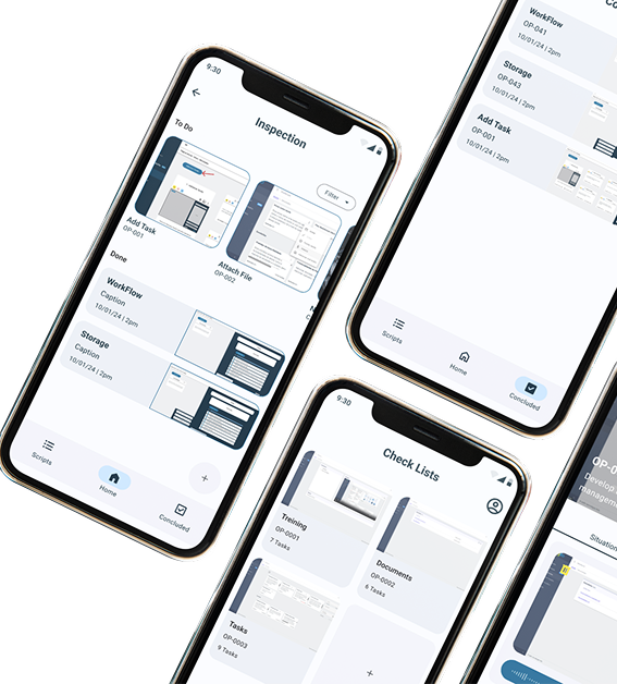 Telas do aplicativo móvel de inspeção mostrando interface e funcionalidades